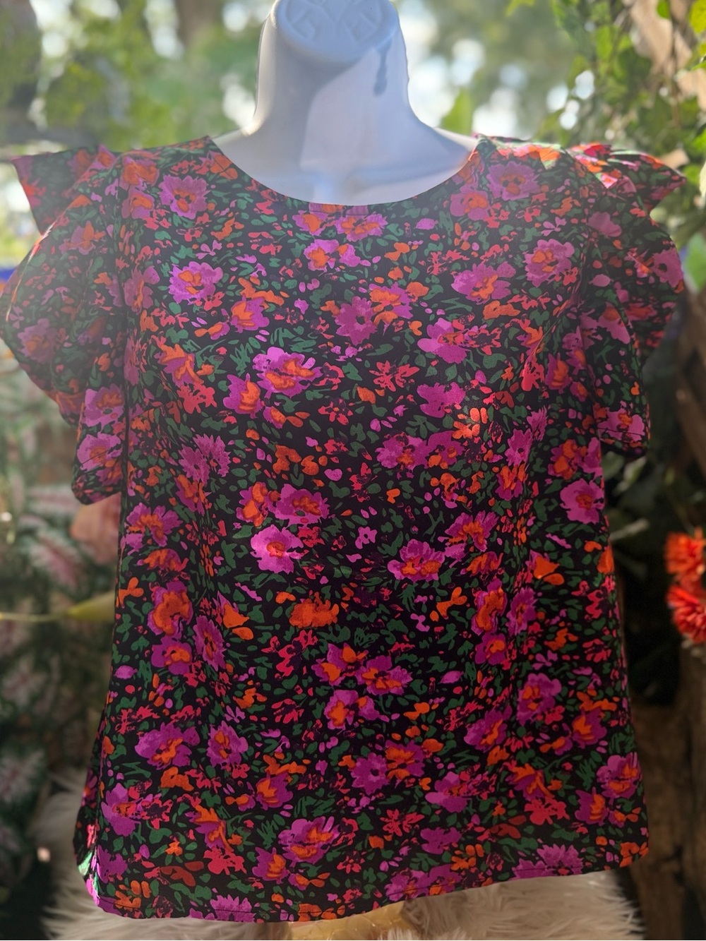 Floral Flutter-Sleeve Blouse - Black with Pink & Orange Flowers